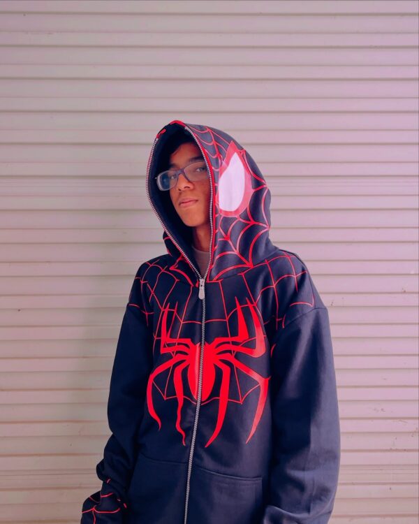 Spider-Man Zip-Up Black Hoodie – Printed Full-Zip Hooded Hoodie 